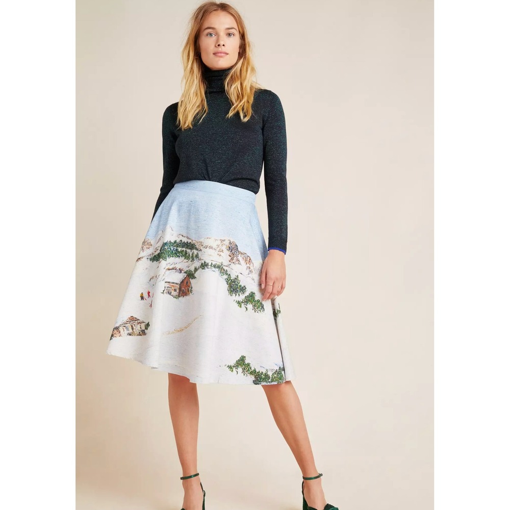 Corey Lynn Calter Wonderland Alpine Winter Mountain Print Midi A-Line Skirt S